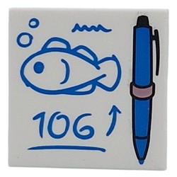 LEGO part 3068bpr0451 Tile 2 x 2 with Blue Pen, Drawing of Fish, '106' print in White