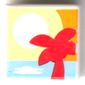 Tile 1 x 1 with Red Palmtree, Medium Blue Sea, White Sunset on Bright Light Orange Background print