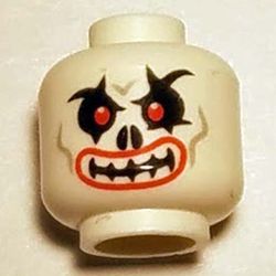 Minifig Head Krazi, Skull Evil with Red Eyes, Curved Eyebrows and Red Lips Print [Hollow Stud]