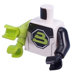 LEGO part 38877x00pr0001 Torso, Left Black Arm and Hand, Right Lime Double Arm and Hands with Black/White Space Suit, Blacktron II Logo print in White
