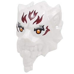 LEGO part 4065pr0003 Minifig Head Special Lion/Tiger with Orange Eyes, Black/Light Bluish Grey Eyeshadow, Dark Red Flames print in White
