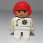 Duplo Figure, Early, Aviator Hat Red, White Legs, Top with Black Zipper and Racer #2 in Blue Circle Print