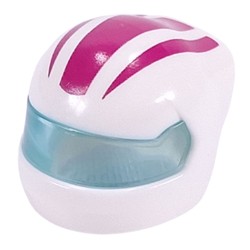 LEGO part 7071pat0007pr0001 Helmet, Formula 1 with Trans-Light Blue Visor pattern and Magenta Stripes print in White
