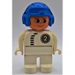 Duplo Figure, Early, Aviator Hat Blue, White Legs, Black Zipper and Racer #2 Print