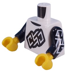 LEGO part 973c03h01pr0006 Torso, Black Tag On Chest, White Tag On Arms print, Black Arms, Yellow Hands in White