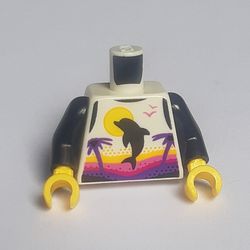 Torso Tank Top with Dolphin, Palm Trees, and Sun, with Magenta, Dark Pink, and Dark Purple Sunset Print, Black Arms, Yellow Hands