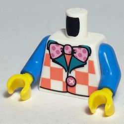 Torso Vest with Coral Checks, Bright Pink Polka Dot Bow Tie Print, Dark Azure Arms, Yellow Hands