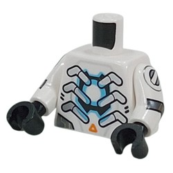 LEGO part 973c27h03pr0007 Torso, Silver Metal Ribs, Armor Plating, Blue Reactor, Orange Triangle, Black Scales on Back print, White Arms, Black Hands in White