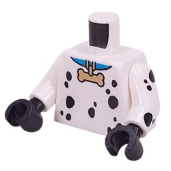 LEGO part 973c27h03pr0026 Torso, Black Dalmatian Spots, Blue Collar, Gold Bone Pendant print, White Arms, Black Hands in White