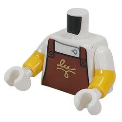LEGO part 973g27c01h27pr0001 Torso, Dual Molded Arms with Reddish Brown Apron, Gold Scribbling print, White Sleeves Pattern, Yellow Arms, White Hands in White