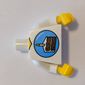 Torso V-Neck Shirt, Birthday Cake with Candle, Blue Circle Print, White Arms, Yellow Hands