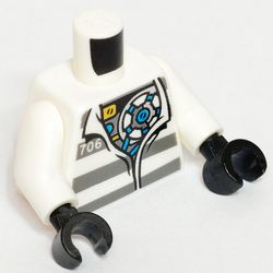 Torso Prison Shirt with Dark Bluish Gray Stripes, Open Shirt with '706' over Mechanical Body / Black Shoulder Blade Lines on Back Print, White Arms, Black Hands