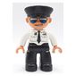 Duplo Figure with Police Style Hat Black, with White Top with Airplane Logo and Black Tie, Sunglasses, Black Legs