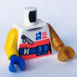Torso, White/Coral Shirt, Blue Utility Belt, Zipper print, Odd Arms and Hands, Left Pearl Gold Arm and Hand, Right Yellow Arm and Blue Hand