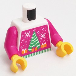 Torso, Christmas Sweater with White Decorations, Christmas Tree, Snowman, Gifts Print, Magenta Arms, Yellow Hands