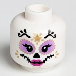 Minifig Head Skeleton, Catrina, Medium Lavender Round Eyes, Dark Pink Lips, Gold and Black Decorations Print