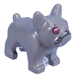 LEGO part 29602pr0003 Animal, Dog, French Bulldog, Grumpy Face with Robot Plating, Pink Eyes Print in Silver Metallic/ Flat Silver