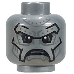 LEGO part 3626cpr0029 Minifig Head Doctor Doom, Metal Plating, Black Lines, Silver Ribbits in Silver Metallic/ Flat Silver