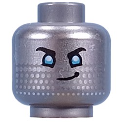 LEGO part 3626cpr9632 Minifig Head Cooper, Blue Eyes, Silver Dots, Determined Smile/Open Mouth Happy in Silver Metallic/ Flat Silver