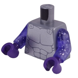 LEGO part 973c77h09pr0001 Torso Armor, Silver Chest Plate print, Glitter Trans-Purple Arms, Dark Purple Hands in Silver Metallic/ Flat Silver
