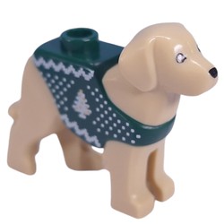 LEGO part 105143pr0004 Animal, Dog, Standing with Dark Green Vest, White Christmas Tree print in Brick Yellow/ Tan