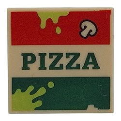 LEGO part 3068bpr0452 Tile 2 x 2 with Pizza Box, Mushroom, Lime Splotches print in Brick Yellow/ Tan