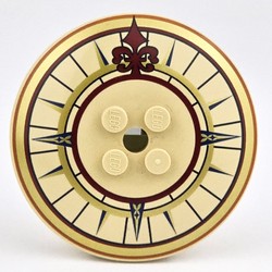LEGO part 44375bpr0022 Dish 6 x 6 Inverted (Radar) with Solid Studs with Compass, Dark Red Arrow, Gold/Dark Orange Circles print in Brick Yellow/ Tan