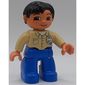 Duplo Figure Side Parted Hair Black, with Blue Legs, Shirt with Rag Print, Brown Eyes, Nougat Hands