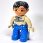 Duplo Figure Side Parted Hair Black, with Blue Legs, Shirt with Collars Print, Brown Eyes, Tan Hands