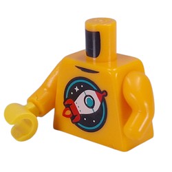 LEGO part 109868c01pr0001 Torso, Retro Rocket on Black Background, Star, Dark Turquoise Circle print, Left Limb Recudction, Bright Light Orange Arms, Yellow Hand in Flame Yellowish Orange/ Bright Light Orange