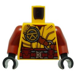 Torso Robe, Reddish Brown Strap with Yellow Asian Symbol, Red Utility Belt print, Dark Red Arms, Black Hands