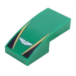 LEGO part 11477pr0029 Slope Curved 2 x 1 No Studs with Silver Aston Martin Logo, Yellow Lines, Black Triangles print in Dark Green/ Green
