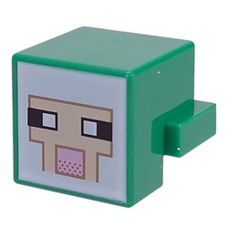 LEGO part 19727pr0020 Minifig Head Special, Cube with Rear Ledge, Pixelated White and Tan Face, Dark Tan Outline with Pink Mouth Print in Dark Green/ Green