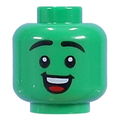 LEGO part 28621pr9970 Minifig Head Black Raised Eyebrows, Open Mile Happy Smile in Dark Green/ Green