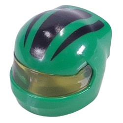 LEGO part 7071pat0006pr0001 Helmet, Formula 1 with Trans-Yellow Visor pattern and Black Stripes print in Dark Green/ Green