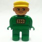 Duplo Figure, Early, with Flat Cap Yellow, Green Legs, 'ZOO' Print (Zoo Keeper)