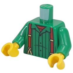 LEGO part 973c31h01pr0005 Torso, Striped Shirt, Red Shirt, Dark Red Suspenders print, Green Arms, Yellow Hands in Dark Green/ Green