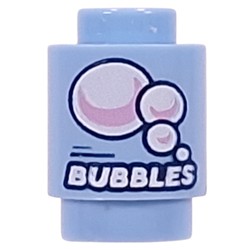 LEGO part 3062bpr0050 Brick Round 1 x 1 with White/Pink Bubbels, 'BUBBLES' print in Light Royal Blue/ Bright Light Blue