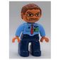 Duplo Figure with Parted Wavy Hair Reddish Brown, Dark Blue Legs, Shirt with ID Badge, Pocket, and Red Tie, Beard and Glasses Print