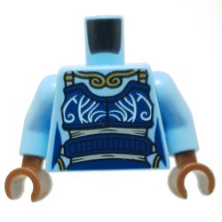 Torso Tunic, Dark Blue Apron, Gold Necklace Print, Bright Light Blue Arms, Reddish Brown Hands