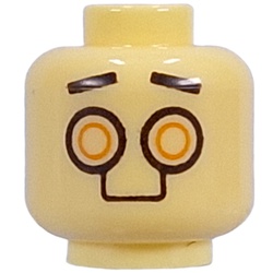 LEGO part 28621pr9967 Minifig Head Black Eyebrows, Gold Droid Eyes, Metal Plating on Back, Orange Triangle Symbol in Cool Yellow/ Bright Light Yellow
