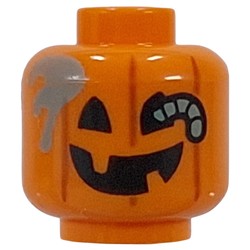LEGO part 28621pr0069 Minifig Head Jack O Lantern Pumpkin, Rotting, Worm Through Eye in Bright Orange/ Orange
