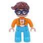 Duplo Figure with Hair Swept Right Reddish Brown, Dark Blue Glasses, with Medium Azure Legs, Shirt Print
