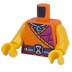 LEGO part 973c01h01pr0028 Torso, Orange/Magenta Robe, Necklace with Medium Azure Hanger, Belt with Hourglass Symbol print, Yellow Arms and Hands in Bright Orange/ Orange