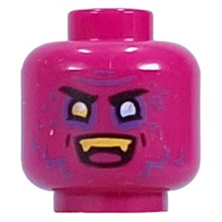 LEGO part 28621pr9904 Minifig Head Dogan, Yellow Left, Bright Light Blue Eye, Dark Purple Lines, Yellow Teeth, Fangs, Angry Smile/Grin in Bright Reddish Violet/ Magenta