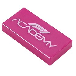 LEGO part 3069bpr9924 Tile 1 x 2 with White 'ACADEMY' print in Bright Reddish Violet/ Magenta