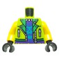 Torso, Jacket, Bright Green Collar, Zippers, Dark Purple Shirt Shirt, Azure Skull print, Yellow Arms, Black Hands