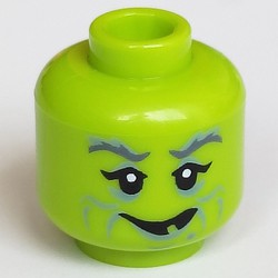 Minifig Head Witch, Sand Green Wrinkles, Thick Eyebrows, Smile with One White Tooth
