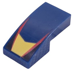 LEGO part 11477pr0021 Slope Curved 2 x 1 No Studs with Yellow Shape, Red Lines, Black Triangles print in Earth Blue/ Dark Blue