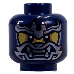 LEGO part 28621pr0012 Minifig Head Wolf Warrior with Silver Face Mask, Nougat Eye Shadow, Black Eyes / Blue Eyes, Fangs print in Earth Blue/ Dark Blue